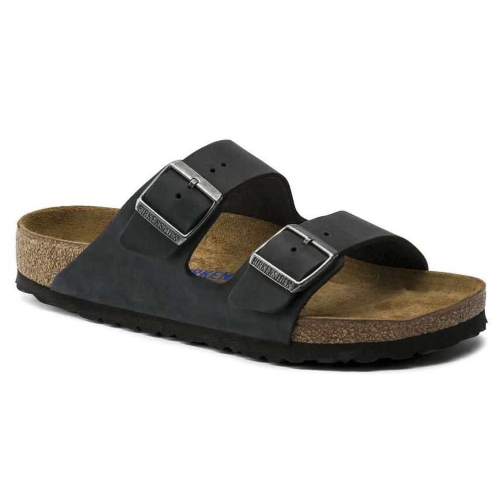 Birkenstock Sz 37 Arizona Soft Footbed Black Oiled Leather Two Strap Sandals
